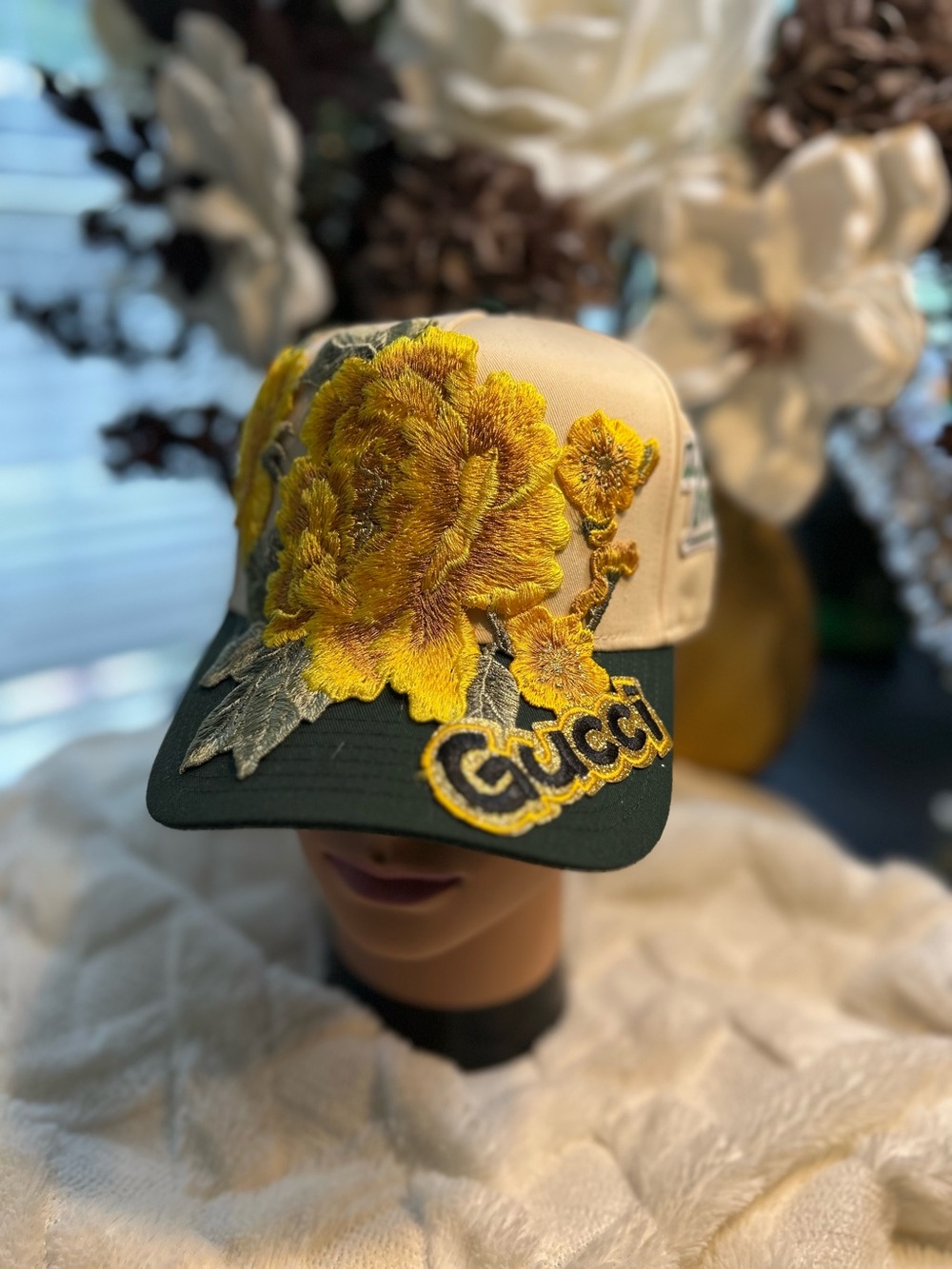 Designers Originals Yellow Floral Embroidered Cap with Dark Green Brim